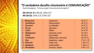 “O verdadeiro desafio missionário é COMUNICAÇÃO”
David Hesselgrave, “A Comunicação Transcultural do Evangelho”
Mt 24:14; Rm 10:15; 1Tim 2:7
Mt 28:19; 1Tim 2:7; 1Tim 3:2
 