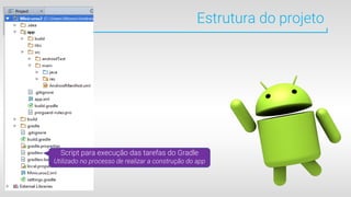 Estrutura do projeto
Script para execução das tarefas do Gradle
Utilizado no processo de realizar a construção do app
 