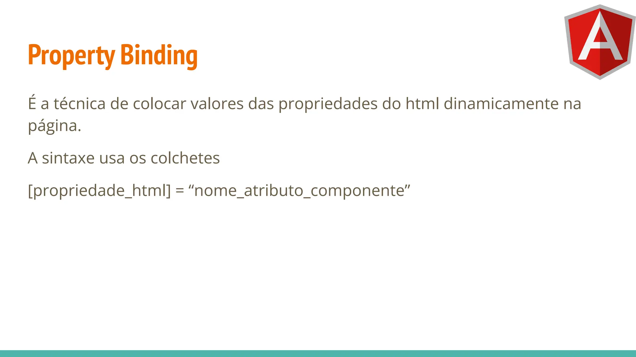 Property Binding
É a técnica de colocar valores das propriedades do html dinamicamente na
página.
A sintaxe usa os colchetes
[propriedade_html] = “nome_atributo_componente”
 