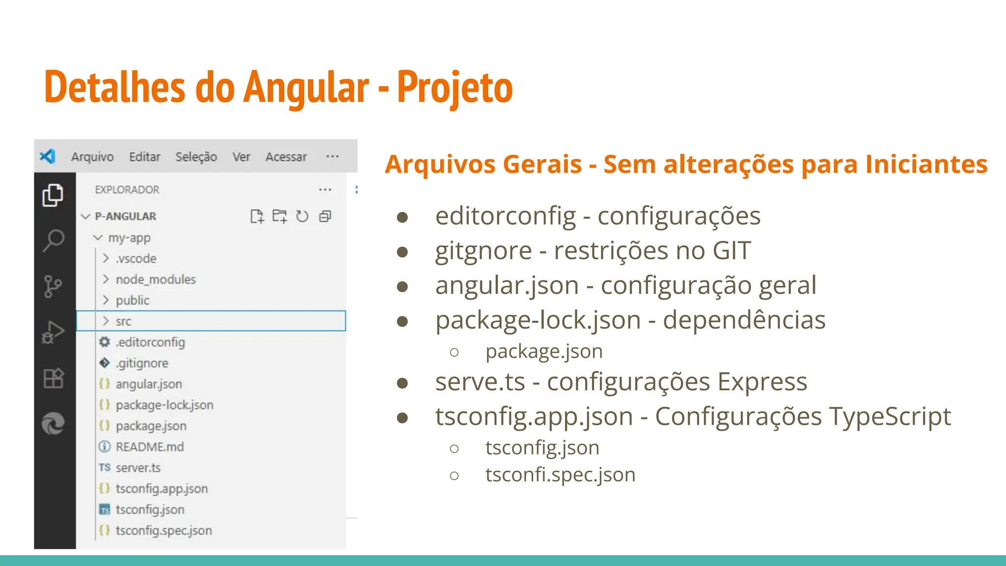 Detalhes do Angular -Projeto
Arquivos Gerais - Sem alterações para Iniciantes
● editorconﬁg - conﬁgurações
● gitgnore - restrições no GIT
● angular.json - conﬁguração geral
● package-lock.json - dependências
○ package.json
● serve.ts - conﬁgurações Express
● tsconﬁg.app.json - Conﬁgurações TypeScript
○ tsconﬁg.json
○ tsconﬁ.spec.json
 