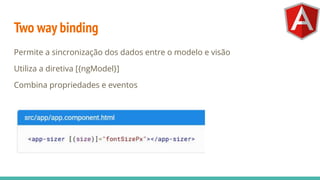 Two way binding
Permite a sincronização dos dados entre o modelo e visão
Utiliza a diretiva [{ngModel}]
Combina propriedades e eventos
 