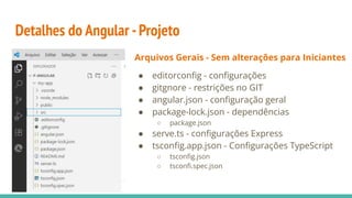Detalhes do Angular -Projeto
Arquivos Gerais - Sem alterações para Iniciantes
● editorconﬁg - conﬁgurações
● gitgnore - restrições no GIT
● angular.json - conﬁguração geral
● package-lock.json - dependências
○ package.json
● serve.ts - conﬁgurações Express
● tsconﬁg.app.json - Conﬁgurações TypeScript
○ tsconﬁg.json
○ tsconﬁ.spec.json
 