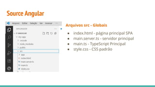 Source Angular
Arquivos src - Globais
● index.html - página principal SPA
● main.server.ts - servidor principal
● main.ts - TypeScript Principal
● style.css - CSS padrão
 