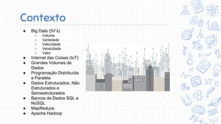 Contexto
● Big Data (5V’s)
○ Volume
○ Variedade
○ Velocidade
○ Veracidade
○ Valor
● Internet das Coisas (IoT)
● Grandes Volumes de
Dados
● Programação Distribuída
e Paralela
● Dados Estruturados, Não
Estruturados e
Semiestruturados
● Bancos de Dados SQL e
NoSQL
● MapReduce
● Apache Hadoop
 