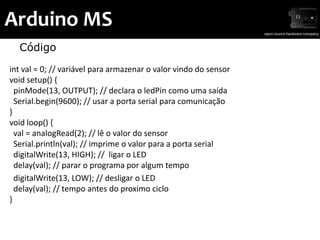 Arduino MS
  Código
int val = 0; // variável para armazenar o valor vindo do sensor
void setup() {
  pinMode(13, OUTPUT); // declara o ledPin como uma saída
  Serial.begin(9600); // usar a porta serial para comunicação
}
void loop() {
  val = analogRead(2); // lê o valor do sensor
  Serial.println(val); // imprime o valor para a porta serial
  digitalWrite(13, HIGH); // ligar o LED
  delay(val); // parar o programa por algum tempo
  digitalWrite(13, LOW); // desligar o LED
  delay(val); // tempo antes do proximo ciclo
}
 