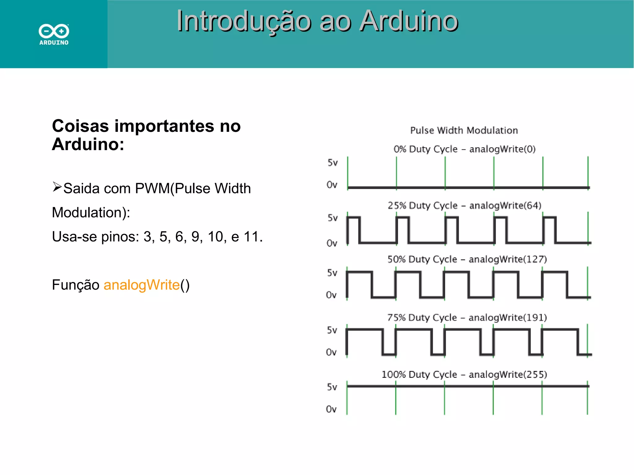Introdução ao Arduino

Coisas importantes no
Arduino:
Saida com PWM(Pulse Width
Modulation):
Usa-se pinos: 3, 5, 6, 9, 10, e 11.
Função analogWrite()

 