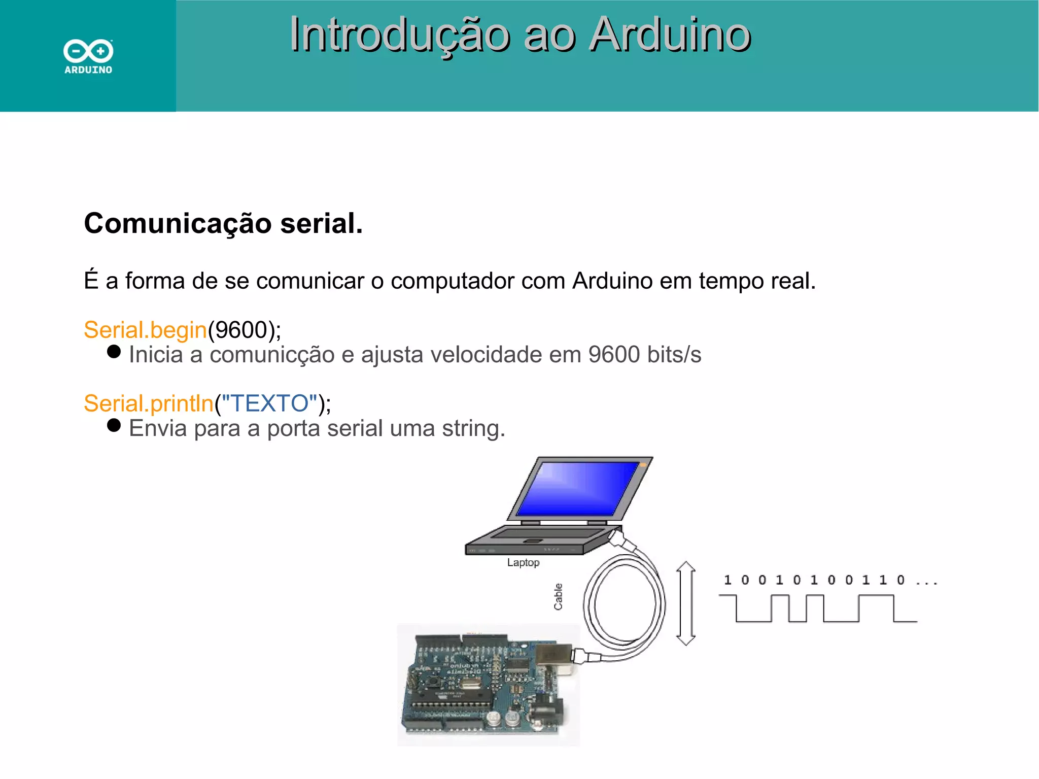 Introdução ao Arduino

Comunicação serial.
É a forma de se comunicar o computador com Arduino em tempo real.
Serial.begin(9600);
Inicia a comunicção e ajusta velocidade em 9600 bits/s
Serial.println("TEXTO");
Envia para a porta serial uma string.

 
