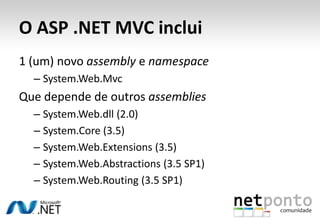 O ASP .NET MVC inclui1 (um) novo assembly e namespaceSystem.Web.MvcQue depende de outros assembliesSystem.Web.dll (2.0)System.Core (3.5)System.Web.Extensions (3.5)System.Web.Abstractions (3.5 SP1)System.Web.Routing (3.5 SP1)