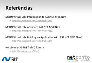 ReferênciasSite Oficialhttp://asp.net/mvcBlog do Scott Guthrie (Microsoft)http://weblogs.asp.net/scottguBlog do Phil Haack (Microsoft)http://haacked.comNerdDinner ASP.NET MVC Tutorialhttp://shrinkster.com/18m9