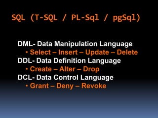 SQL (T-SQL / PL-Sql / pgSql)
DML- Data Manipulation Language
• Select – Insert – Update – Delete
DDL- Data Definition Language
• Create – Alter – Drop
DCL- Data Control Language
• Grant – Deny – Revoke
 
