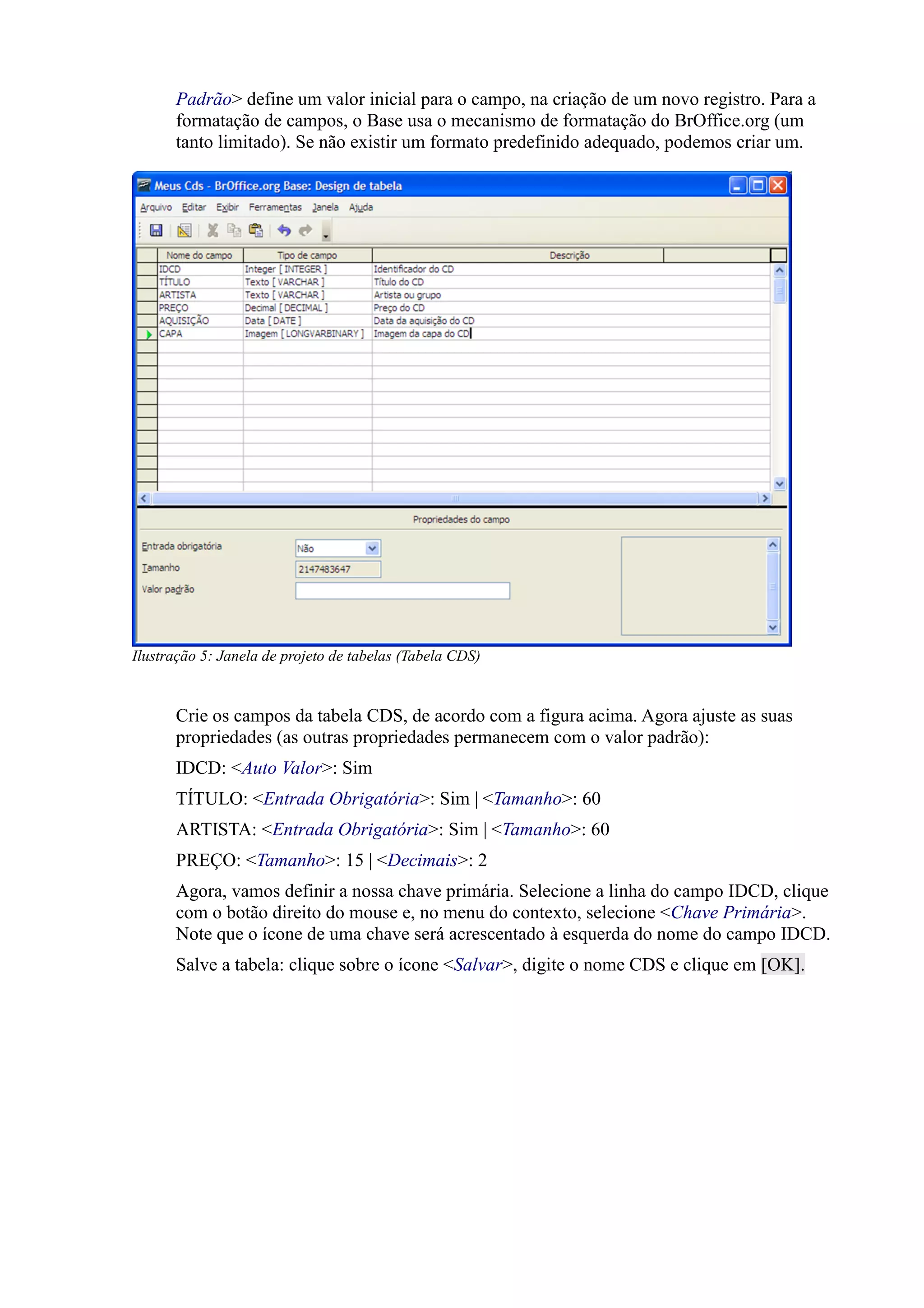 Padrão> define um valor inicial para o campo, na criação de um novo registro. Para a
formatação de campos, o Base usa o mecanismo de formatação do BrOffice.org (um
tanto limitado). Se não existir um formato predefinido adequado, podemos criar um.
Crie os campos da tabela CDS, de acordo com a figura acima. Agora ajuste as suas
propriedades (as outras propriedades permanecem com o valor padrão):
IDCD: <Auto Valor>: Sim
TÍTULO: <Entrada Obrigatória>: Sim | <Tamanho>: 60
ARTISTA: <Entrada Obrigatória>: Sim | <Tamanho>: 60
PREÇO: <Tamanho>: 15 | <Decimais>: 2
Agora, vamos definir a nossa chave primária. Selecione a linha do campo IDCD, clique
com o botão direito do mouse e, no menu do contexto, selecione <Chave Primária>.
Note que o ícone de uma chave será acrescentado à esquerda do nome do campo IDCD.
Salve a tabela: clique sobre o ícone <Salvar>, digite o nome CDS e clique em [OK].
Ilustração 5: Janela de projeto de tabelas (Tabela CDS)
 