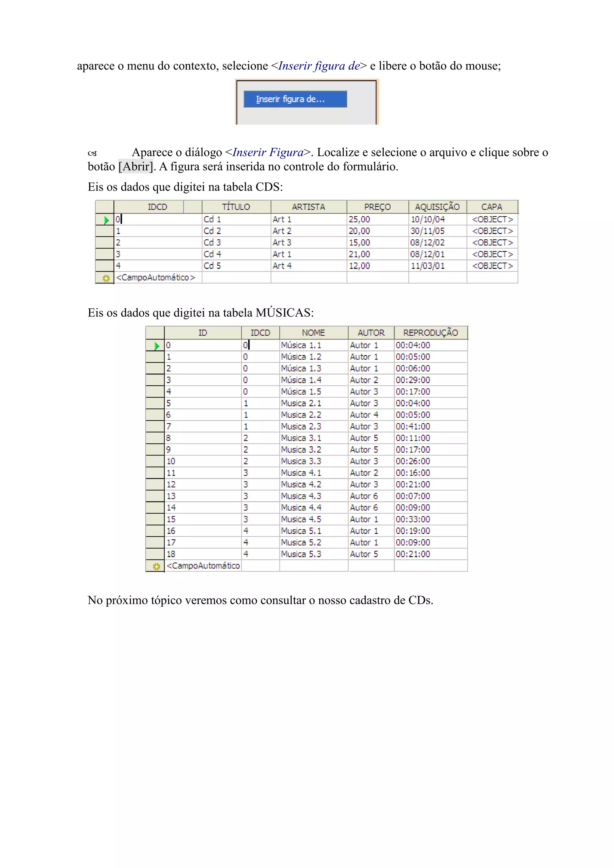 aparece o menu do contexto, selecione <Inserir figura de> e libere o botão do mouse;
 Aparece o diálogo <Inserir Figura>. Localize e selecione o arquivo e clique sobre o
botão [Abrir]. A figura será inserida no controle do formulário.
Eis os dados que digitei na tabela CDS:
Eis os dados que digitei na tabela MÚSICAS:
No próximo tópico veremos como consultar o nosso cadastro de CDs.
 