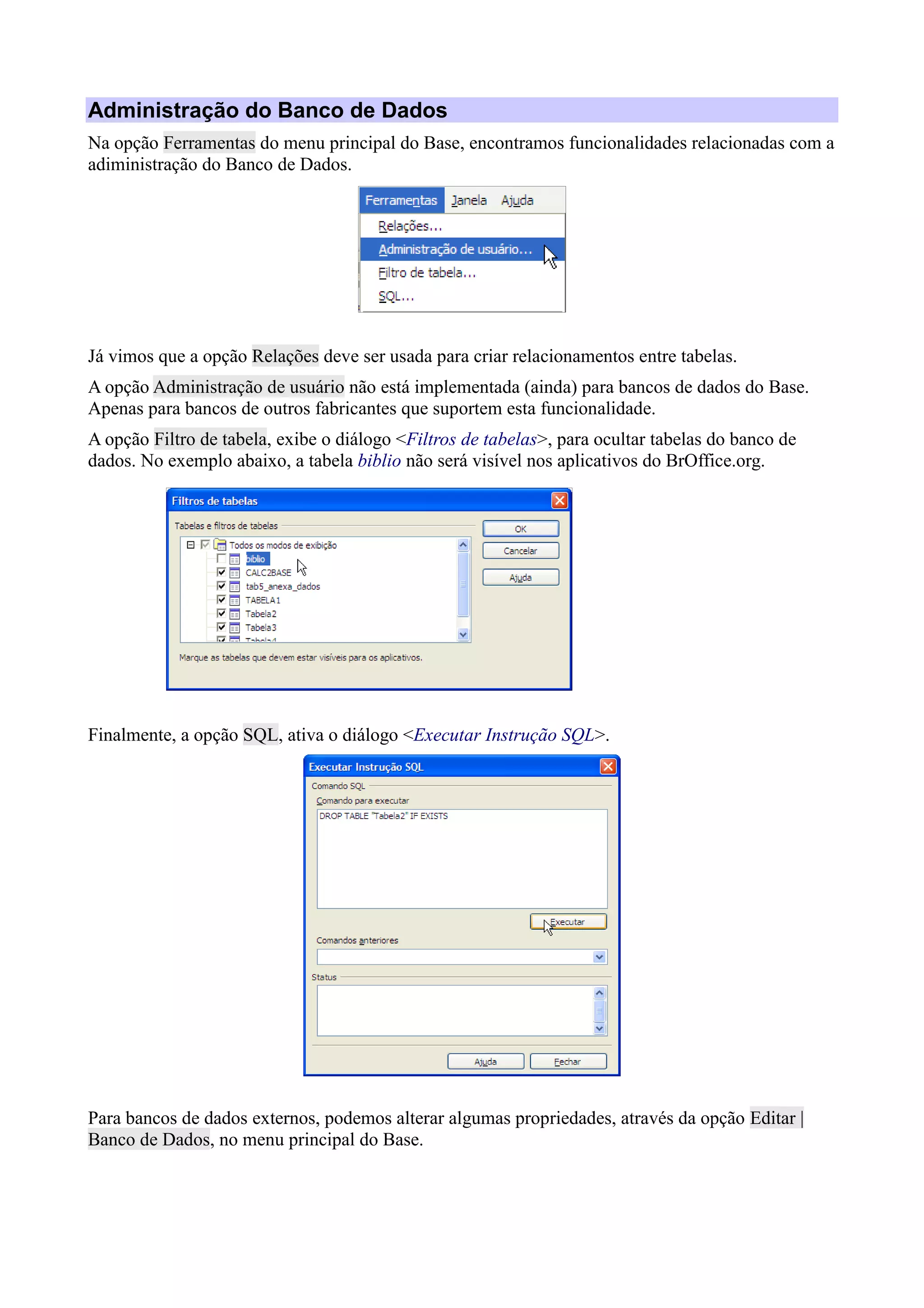 Administração do Banco de Dados
Na opção Ferramentas do menu principal do Base, encontramos funcionalidades relacionadas com a
adiministração do Banco de Dados.
Já vimos que a opção Relações deve ser usada para criar relacionamentos entre tabelas.
A opção Administração de usuário não está implementada (ainda) para bancos de dados do Base.
Apenas para bancos de outros fabricantes que suportem esta funcionalidade.
A opção Filtro de tabela, exibe o diálogo <Filtros de tabelas>, para ocultar tabelas do banco de
dados. No exemplo abaixo, a tabela biblio não será visível nos aplicativos do BrOffice.org.
Finalmente, a opção SQL, ativa o diálogo <Executar Instrução SQL>.
Para bancos de dados externos, podemos alterar algumas propriedades, através da opção Editar |
Banco de Dados, no menu principal do Base.
 