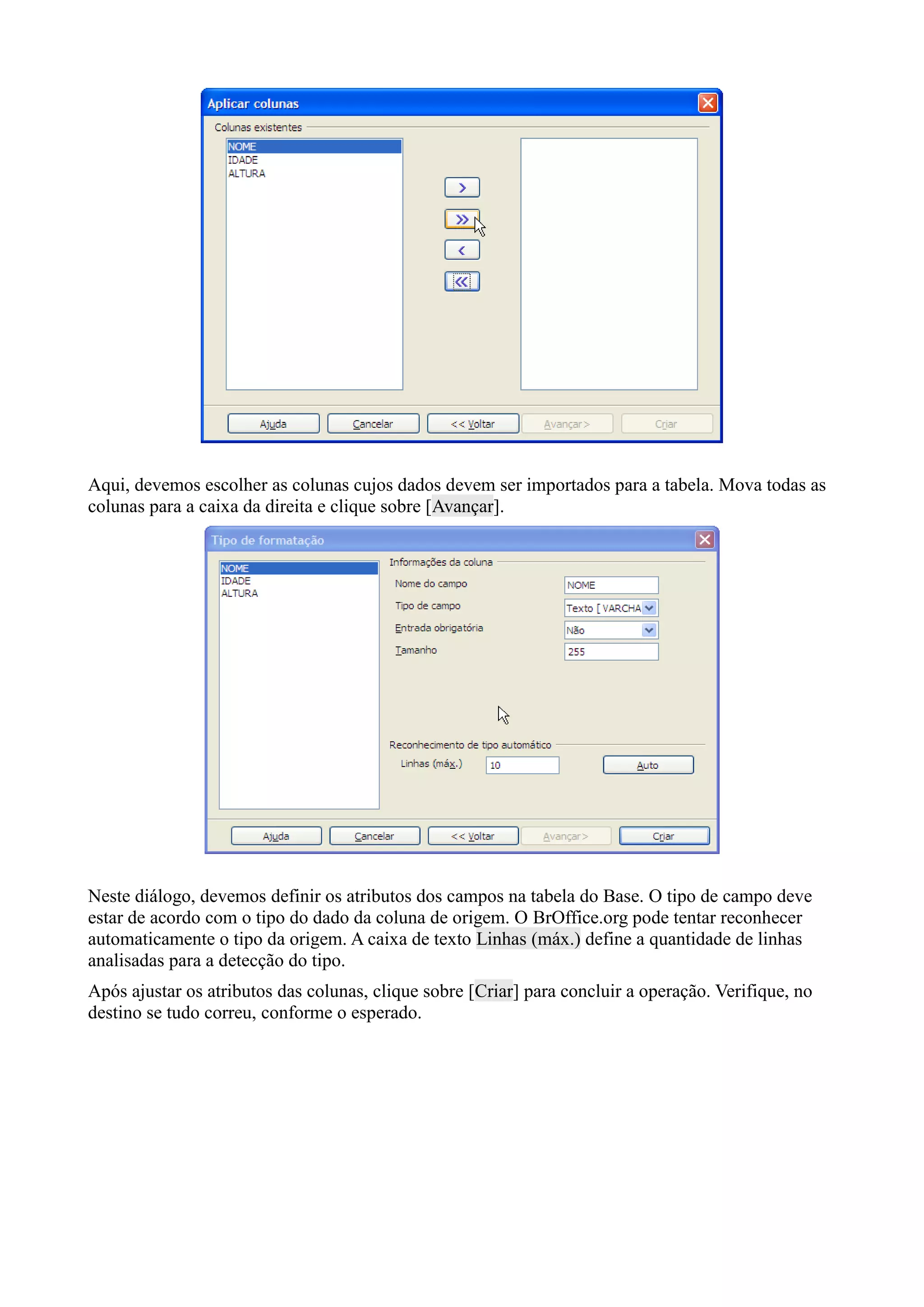 Aqui, devemos escolher as colunas cujos dados devem ser importados para a tabela. Mova todas as
colunas para a caixa da direita e clique sobre [Avançar].
Neste diálogo, devemos definir os atributos dos campos na tabela do Base. O tipo de campo deve
estar de acordo com o tipo do dado da coluna de origem. O BrOffice.org pode tentar reconhecer
automaticamente o tipo da origem. A caixa de texto Linhas (máx.) define a quantidade de linhas
analisadas para a detecção do tipo.
Após ajustar os atributos das colunas, clique sobre [Criar] para concluir a operação. Verifique, no
destino se tudo correu, conforme o esperado.
 