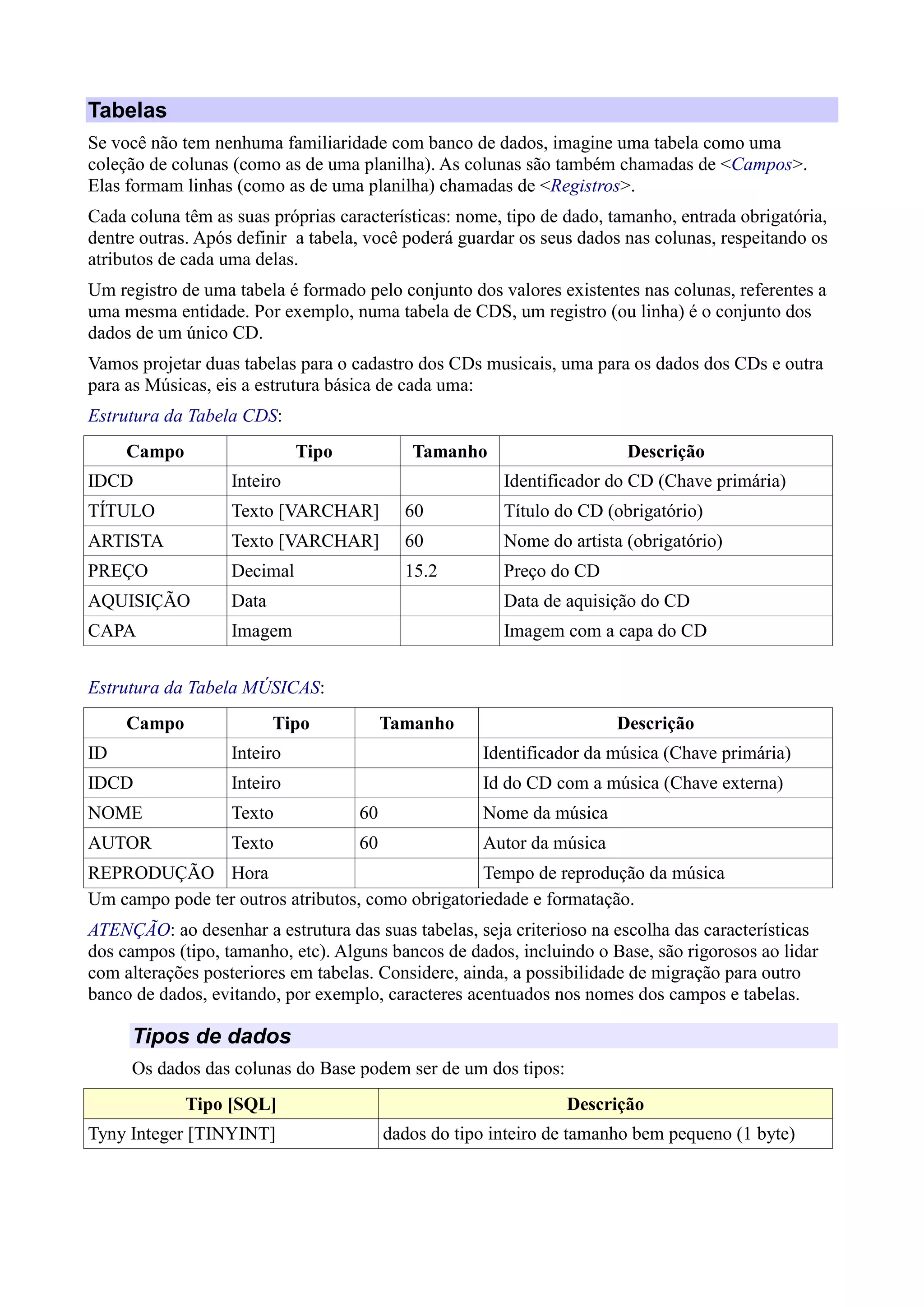 Tabelas
Se você não tem nenhuma familiaridade com banco de dados, imagine uma tabela como uma
coleção de colunas (como as de uma planilha). As colunas são também chamadas de <Campos>.
Elas formam linhas (como as de uma planilha) chamadas de <Registros>.
Cada coluna têm as suas próprias características: nome, tipo de dado, tamanho, entrada obrigatória,
dentre outras. Após definir a tabela, você poderá guardar os seus dados nas colunas, respeitando os
atributos de cada uma delas.
Um registro de uma tabela é formado pelo conjunto dos valores existentes nas colunas, referentes a
uma mesma entidade. Por exemplo, numa tabela de CDS, um registro (ou linha) é o conjunto dos
dados de um único CD.
Vamos projetar duas tabelas para o cadastro dos CDs musicais, uma para os dados dos CDs e outra
para as Músicas, eis a estrutura básica de cada uma:
Estrutura da Tabela CDS:
Campo Tipo Tamanho Descrição
IDCD Inteiro Identificador do CD (Chave primária)
TÍTULO Texto [VARCHAR] 60 Título do CD (obrigatório)
ARTISTA Texto [VARCHAR] 60 Nome do artista (obrigatório)
PREÇO Decimal 15.2 Preço do CD
AQUISIÇÃO Data Data de aquisição do CD
CAPA Imagem Imagem com a capa do CD
Estrutura da Tabela MÚSICAS:
Campo Tipo Tamanho Descrição
ID Inteiro Identificador da música (Chave primária)
IDCD Inteiro Id do CD com a música (Chave externa)
NOME Texto 60 Nome da música
AUTOR Texto 60 Autor da música
REPRODUÇÃO Hora Tempo de reprodução da música
Um campo pode ter outros atributos, como obrigatoriedade e formatação.
ATENÇÃO: ao desenhar a estrutura das suas tabelas, seja criterioso na escolha das características
dos campos (tipo, tamanho, etc). Alguns bancos de dados, incluindo o Base, são rigorosos ao lidar
com alterações posteriores em tabelas. Considere, ainda, a possibilidade de migração para outro
banco de dados, evitando, por exemplo, caracteres acentuados nos nomes dos campos e tabelas.
Tipos de dados
Os dados das colunas do Base podem ser de um dos tipos:
Tipo [SQL] Descrição
Tyny Integer [TINYINT] dados do tipo inteiro de tamanho bem pequeno (1 byte)
 