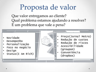 Proposta de valor
       Que valor entregamos ao cliente?
       Qual problema estamos ajudando a resolver?
       É um problema que vale a pena?


                                • Preço(Jornal Metro)
•   Novidade
                                • Redução de custos
•   Desempenho
                                • Redução de riscos
•   Personalização
                                • Acessibilidade
•   Foco no negócio
                                  (groupon)
•   Design
                                • Conveniência
•   Status(I Am Rich)
                                  (dropbox)
 