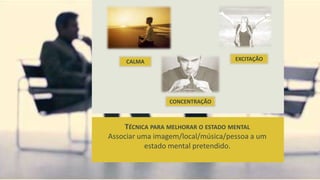 EXCITAÇÃO

CALMA

CONCENTRAÇÃO

TÉCNICA PARA MELHORAR O ESTADO MENTAL
Associar uma imagem/local/música/pessoa a um
estado mental pretendido.

 