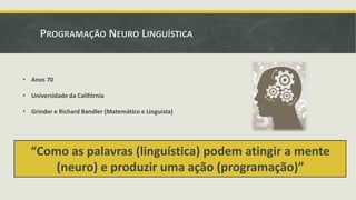 PROGRAMAÇÃO NEURO LINGUÍSTICA

• Anos 70
• Universidade da Califórnia

• Grinder e Richard Bandler (Matemático e Linguista)

“Como as palavras (linguística) podem atingir a mente
(neuro) e produzir uma ação (programação)”

 