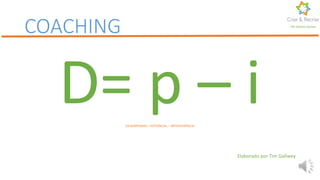 D= p – iDESEMPENHO = POTENCIAL – INTERFERÊNCIA
Elaborado por Tim Gallwey
COACHING Por Karine Gomes
 