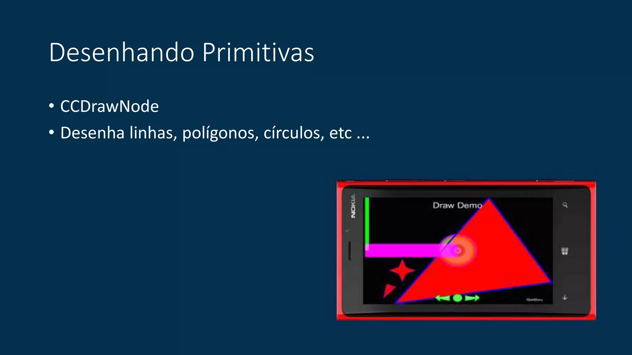 Desenhando Primitivas 
• CCDrawNode 
• Desenha linhas, polígonos, círculos, etc ... 
 