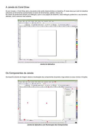 A Janela do Corel Draw
Ao ser iniciado, o Corel Draw abre uma janela onde serão desenvolvidos os trabalhos. É nesta área que você irá trabalhar
utilizando as ferramentas apresentadas na barra de ferramentas, paletas, menus etc.
No centro da janela terá sempre um retângulo, que é a sua página de desenho, esse retângulo poderá ter o seu tamanho
alterado, como veremos mais adiante.

Janela do Aplicativo

Os Componentes da Janela
Acompanhe através da imagem abaixo a localização dos componentes da janela e logo abaixo os seus nomes e funções.

Janela do Aplicativo com Numeração dos Componentes

 