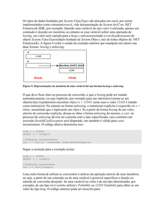 =) " ) ) ) 0 ' ) ) 8 )
" ) )" " " $ %& $%&
6 A >F 4 V 0 " D ) )
" B " " ) )) 0 ) #
4 ) ) 0 * ) 0 ) " * 4 ))
+" 0 ' +" . - ;D " ) +") $%&
6 A E # Q 4 )" 4 " 7 " )
) # )< 4 4
+ ! ? 3 *! @! !A 4!
= 7 # )) ) 7 4 ) " "
" 0" " ) + ; " 4 " " -)
+" - ) " - 9:&%;< )" ) :&%;< " "
" $ " " # 4 " " " 4 ; " 7 4 9
)) 7 ) " - " # 4
" ) ) 4 ; " ) +-) " # 4 )
)) 4 0) " " ) ;# ) "0
4 )) $ 34 ) 0 ) )" " 0
) )" ) = B 4 )" )) <
long l = 12345;
object o = (long)l;
//Unboxing inconsistente
int i = (int)o; //excessão InvalidCastException
4 <
long l = 12345;
object o = (long)l;
//Unboxing consistente
int i = (int)(long)o;
P " # " D ) )C ) "0 ) " ) ) ) )
) + " "O 0 )); ) # #
" ) ) + 0 " "
4 " " " D ' $ =; :&%;<' $ =; " -)
" = B " ) ) " <
 