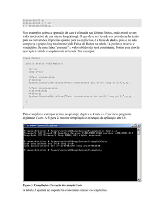 System.Int32 x;
System.Int64 y = 10;
x = (System.Int32)y;
$ ) 4 ) #" ) O" ) ) 4" -)
" " = 7 ) ) " "
) )C ) ; ") 7 " ) 4 ; ") # 4 ) )
" "" " 4 > ) " N )
)) # 4 )" " ) 0 ) )" " ! )" "
0 " " D ! 4 <
class Casts{
public static void Main(){
int x;
long y=10;
//Cast consistente
x=(int)y;
System.Console.WriteLine("Cast consistente int x={0} long y={1}",x,y);
//Cast inconsistente
y=2147483648;
x=(int)y;
System.Console.WriteLine("Cast inconsistente int x={0} long y={1}",x,y);
}
}
! 4 " " %4 "
" E I )" 4
+ ! : * , *
E " U + 0 ) " 0 )C ) O ) 4 ; ")
 