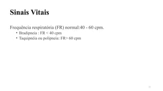 33
Sinais Vitais
Frequência respiratória (FR) normal:40 - 60 cpm.
• Bradipneia : FR < 40 cpm
• Taquipnéia ou polipneia: FR> 60 cpm
 