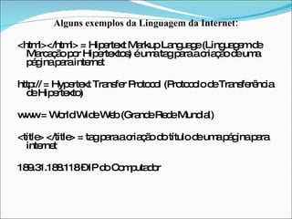 Alguns exemplos da Linguagem da Internet: <html></html> = Hipertext Markup Language (Linguagem de Marcação por Hipertextos) é uma tag para a criação de uma página para internet http:// = Hypertext Transfer Protocol (Protocolo de Transferência de Hipertexto) www = World Wide Web (Grande Rede Mundial) <title> </title> = tag para a criação do título de uma página para internet 189.31.188.118 – IP do Computador  