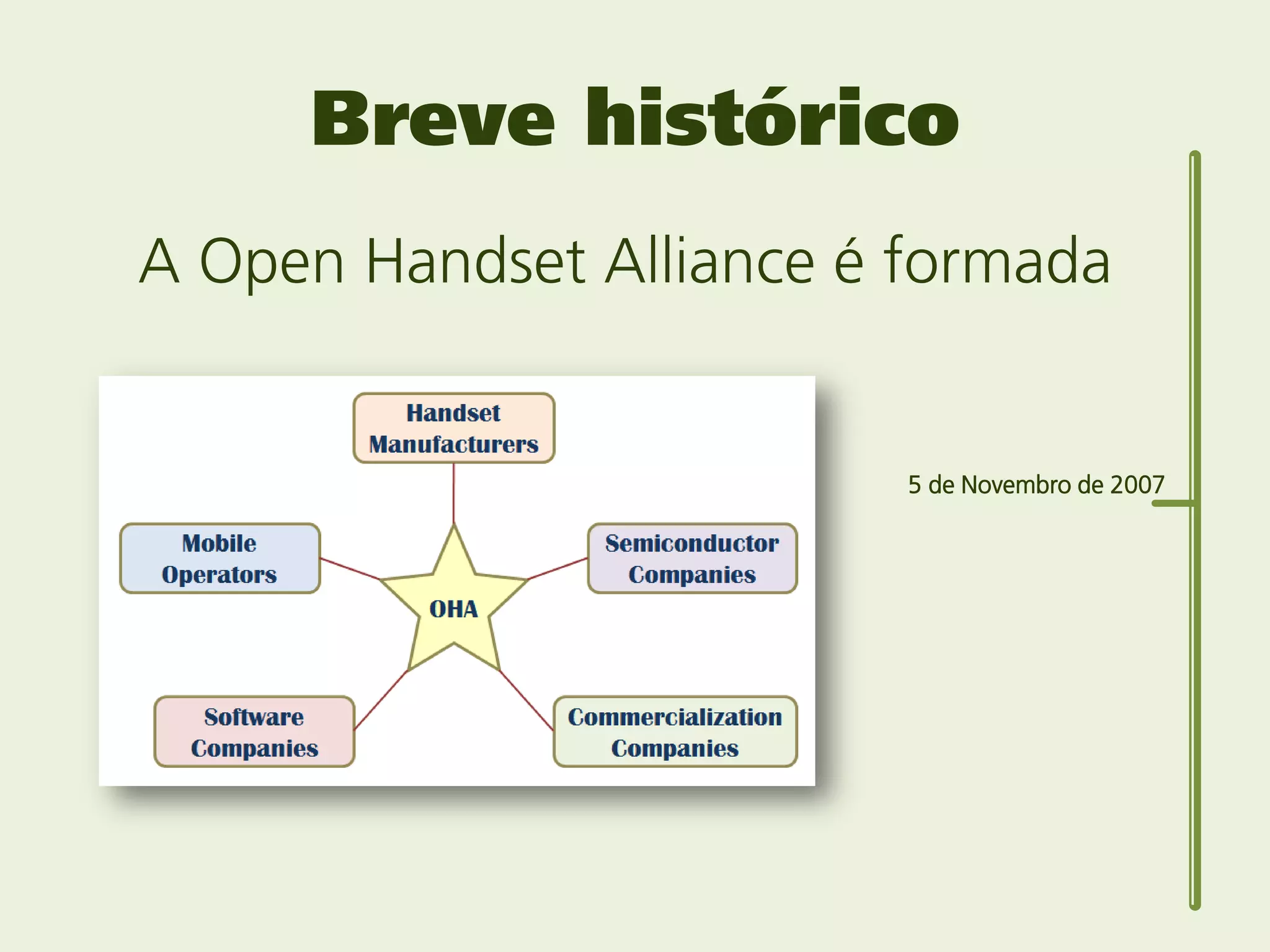 Breve histórico
A Open Handset Alliance é formada


                          5 de Novembro de 2007
 