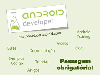 Android
                                    Training
                           Vídeos
Guias                               Blog
            Documentação

Exemplos
 Código        Tutoriais    Passagem
           Artigos         obrigatória!
 