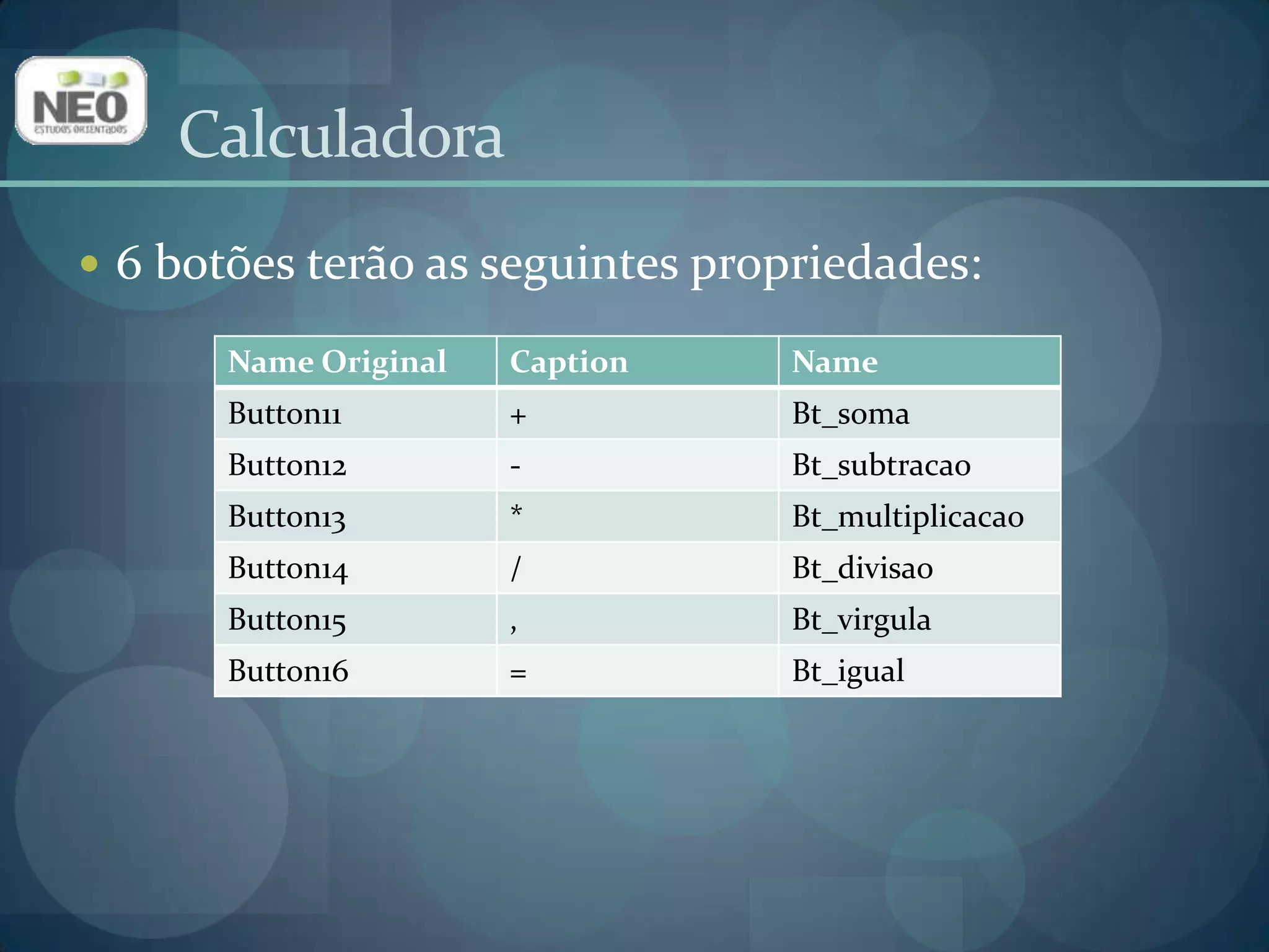Calculadora6 botões terão as seguintes propriedades: