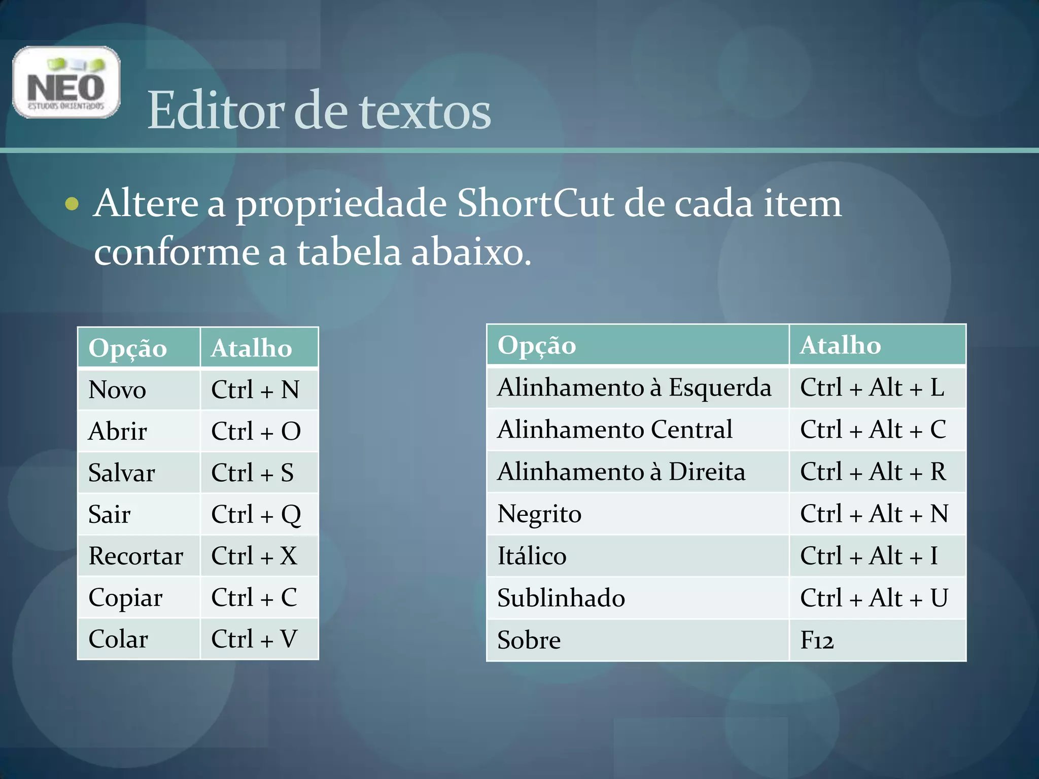 Editor de textosAltere a propriedade ShortCut de cada item conforme a tabela abaixo.