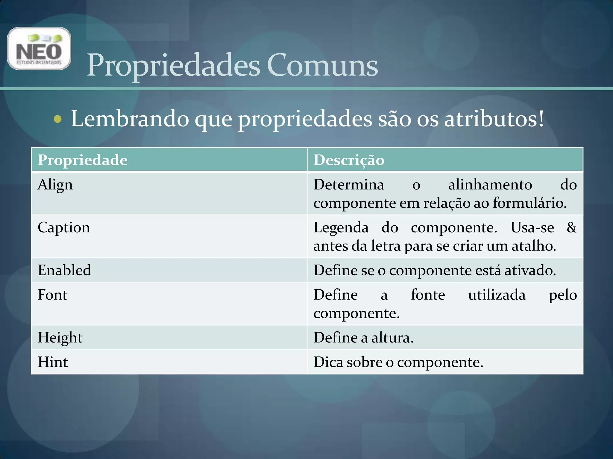 Propriedades ComunsLembrando que propriedades são os atributos!