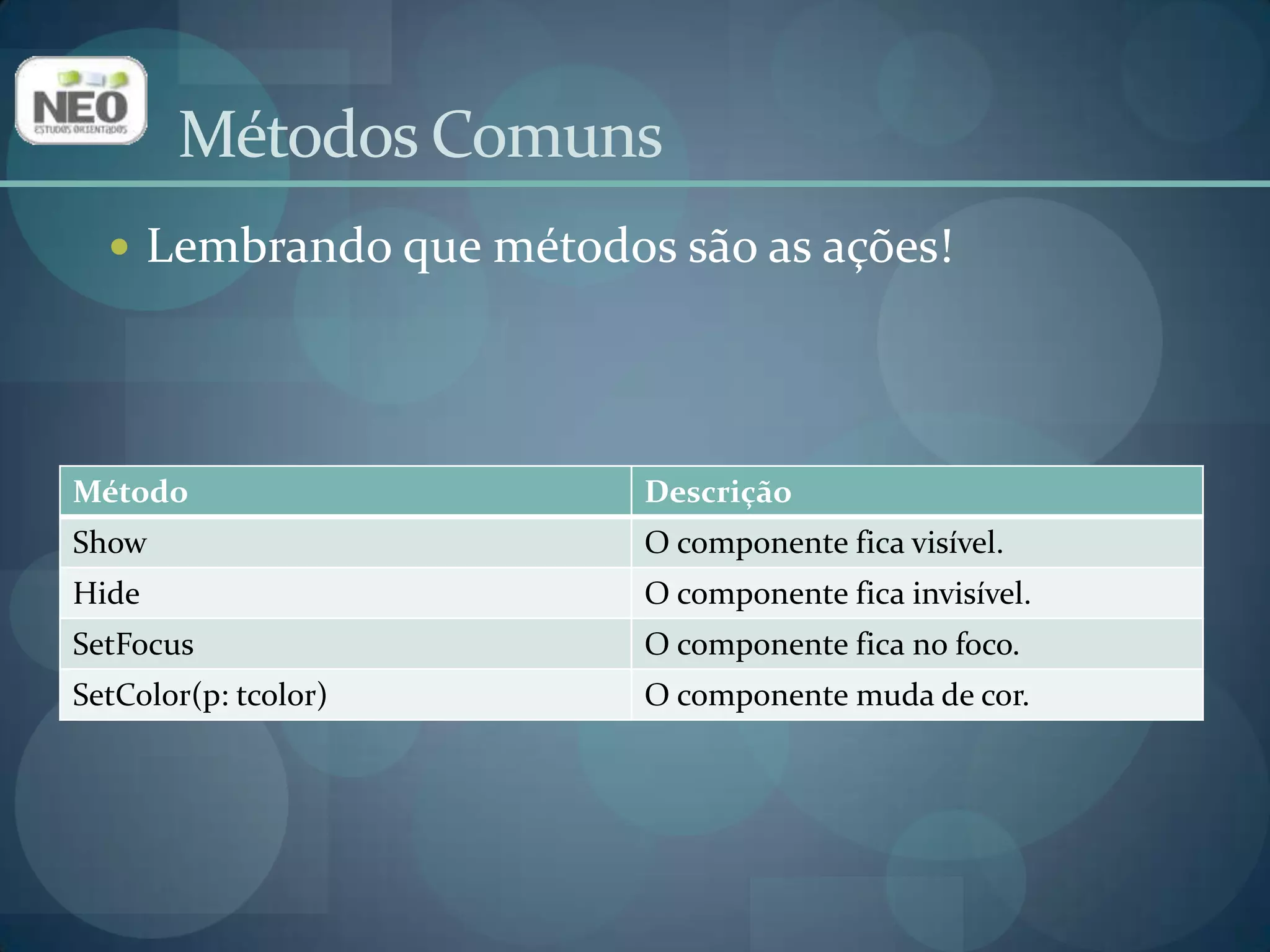 Métodos ComunsLembrando que métodos são as ações!