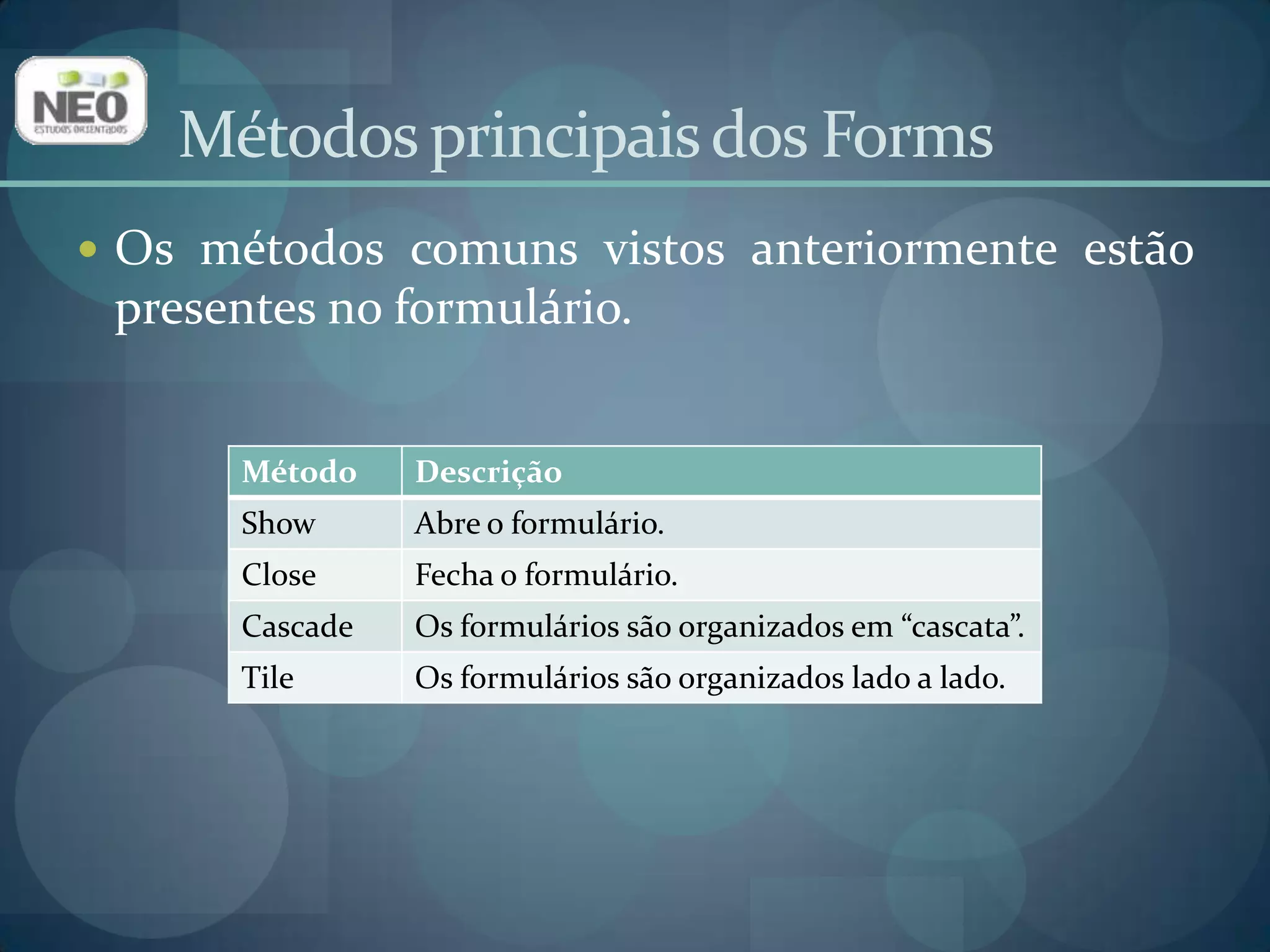 Métodos principais dos FormsOs métodos comuns vistos anteriormente estão presentes no formulário.
