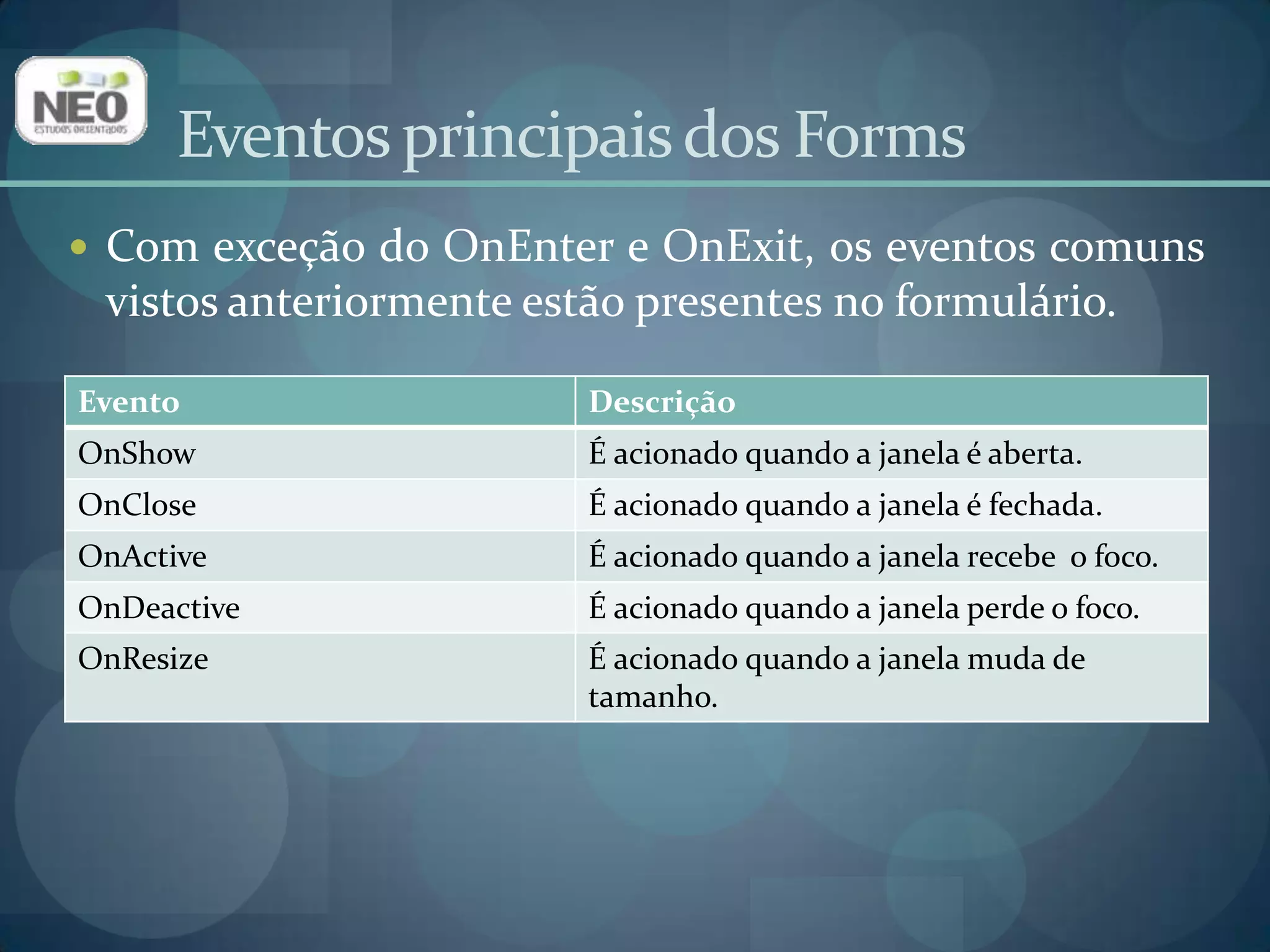 Eventos principais dos FormsCom exceção do OnEnter e OnExit, os eventos comuns vistos anteriormente estão presentes no formulário.