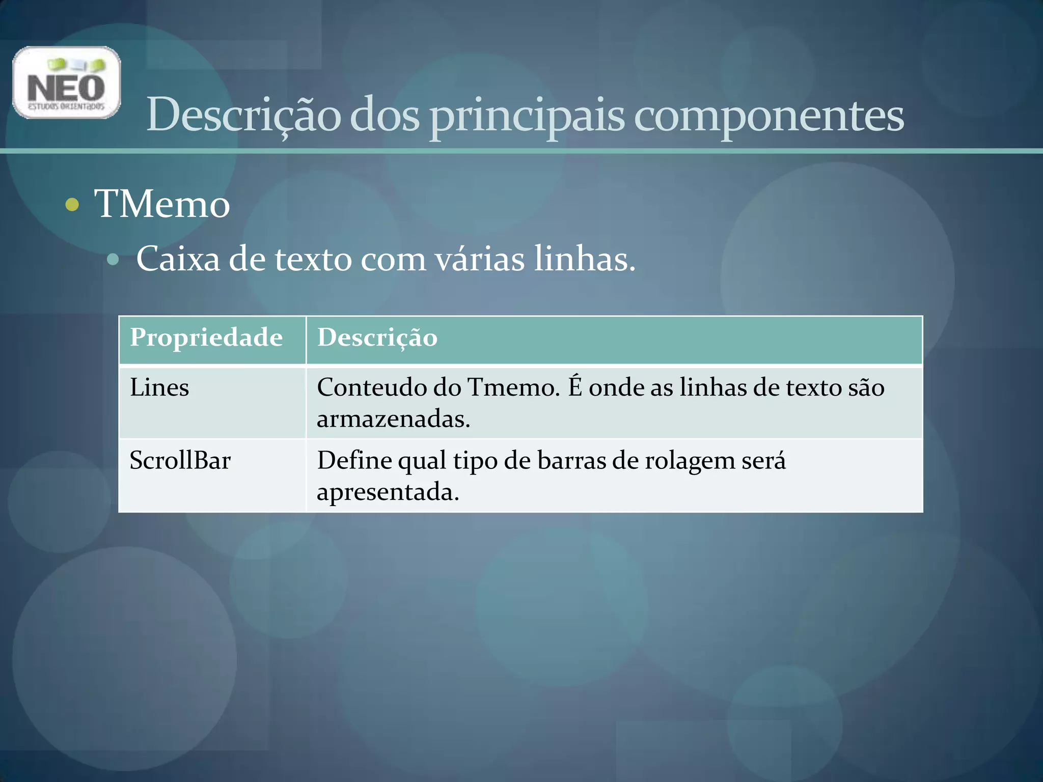 Descrição dos principais componentesTMemoCaixa de texto com várias linhas.
