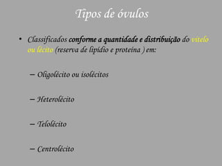 Tipos de óvulosClassificados conforme a quantidade e distribuição do vitelo ou lécito (reserva de lipídio e proteína ) em:Oligolécito ou isolécitosHeterolécitoTelolécitoCentrolécito