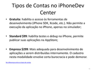 IngredientesComputador Macintosh Intel (modelos de 2006 em diante)Sistema Operacional Leopard ou SnowLeopard (Mac OS X 10.5 ou mais recente)Um iPhone (ou iPodTouch)Uma conta no iPhone Dev Center11