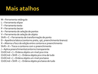 M – Ferramenta retângulo
L – Ferramenta elipse
T – Ferramenta texto
P – Ferramenta bezier
A – Ferramenta de seleção de pontos
V – Ferramenta de seleção de objeto
Shift + C – Ferramenta de transformação de ponto
D – Aparência básica (contorno preto, 1pt, preenchimento branco)
X – Alterna o foco de edição entre contorno e preenchimento
Shift + X –Troca o contorno com o preenchimento
/ – Aplica preenchimento/contorno transparente
Ctrl/Cmd + ] – Ordena objeto um nível pra cima
Ctrl/Cmd + Shift + ] – Ordena objeto pra cima de tudo
Ctrl/Cmd + [ – Ordena objeto um nível pra baixo
Ctrl/Cmd + Shift + [ – Ordena objeto pra baixo de tudo
 