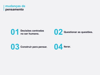 mudanças de
pensamento
01Decisões centradas
no ser humano.
03Construir para pensar.
02Questionar as questões.
04Iterar.
 