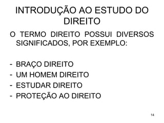 INTRODUÇÃO AO ESTUDO DO
DIREITO
O TERMO DIREITO POSSUI DIVERSOS
SIGNIFICADOS, POR EXEMPLO:
-

BRAÇO DIREITO
UM HOMEM DIREITO
ESTUDAR DIREITO
PROTEÇÃO AO DIREITO
14

 