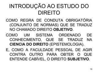 INTRODUÇÃO AO ESTUDO DO
DIREITO
COMO REGRA DE CONDUTA OBRIGATÓRIA
(CONJUNTO DE NORMAS) QUE SE TRADUZ
NO CHAMADO DIREITO OBJETIVO.
COMO
UM
SISTEMA
ORDENADO
DE
CONHECIMENTO, QUE SE TRADUZ NA
CIENCIA DO DIREITO (EPISTEMOLOGIA).
E, COMO A FACULDADE PESSOAL DE AGIR
CONTRA OUTRO PARA OBTER O QUE
ENTENDE CABÍVEL, O DIREITO SUBJETIVO.
19

 
