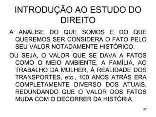 INTRODUÇÃO AO ESTUDO DO
DIREITO
A ANÁLISE DO QUE SOMOS E DO QUE
QUEREMOS SER CONSIDERA O FATO PELO
SEU VALOR NOTADAMENTE HISTÓRICO.
OU SEJA, O VALOR QUE SE DAVA A FATOS
COMO O MEIO AMBIENTE, A FAMÍLIA, AO
TRABALHO DA MULHER, À REALIDADE DOS
TRANSPORTES, etc., 100 ANOS ATRÁS ERA
COMPLETAMENTE DIVERSO DOS ATUAIS,
REDUNDANDO QUE O VALOR DOS FATOS
MUDA COM O DECORRER DA HISTÓRIA.
27

 
