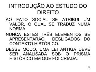 INTRODUÇÃO AO ESTUDO DO
DIREITO
AO FATO SOCIAL SE ATRIBUI UM
VALOR, O QUAL SE TRADUZ NUMA
NORMA.
NUNCA ESTES TRÊS ELEMENTOS SE
APRESENTARÃO
DESLIGADOS DO
CONTEXTO HISTÓRICO.
DESSE MODO, UMA LEI ANTIGA DEVE
SER ANALISADA SOB O PRISMA
HISTÓRICO EM QUE FOI CRIADA.
30

 