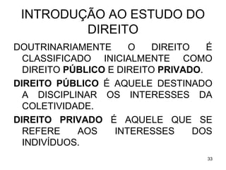 INTRODUÇÃO AO ESTUDO DO
DIREITO
DOUTRINARIAMENTE
O
DIREITO
É
CLASSIFICADO INICIALMENTE COMO
DIREITO PÚBLICO E DIREITO PRIVADO.
DIREITO PÚBLICO É AQUELE DESTINADO
A DISCIPLINAR OS INTERESSES DA
COLETIVIDADE.
DIREITO PRIVADO É AQUELE QUE SE
REFERE
AOS
INTERESSES
DOS
INDIVÍDUOS.
33

 
