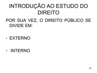 INTRODUÇÃO AO ESTUDO DO
DIREITO
POR SUA VEZ, O DIREITO PÚBLICO SE
DIVIDE EM:
- EXTERNO
- INTERNO

35

 