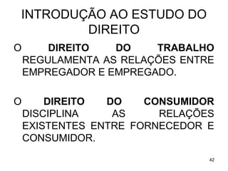 INTRODUÇÃO AO ESTUDO DO
DIREITO
O

DIREITO
DO
TRABALHO
REGULAMENTA AS RELAÇÕES ENTRE
EMPREGADOR E EMPREGADO.

O

DIREITO
DO
CONSUMIDOR
DISCIPLINA
AS
RELAÇÕES
EXISTENTES ENTRE FORNECEDOR E
CONSUMIDOR.
42

 