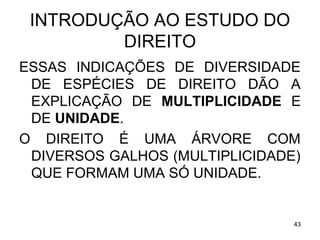 INTRODUÇÃO AO ESTUDO DO
DIREITO
ESSAS INDICAÇÕES DE DIVERSIDADE
DE ESPÉCIES DE DIREITO DÃO A
EXPLICAÇÃO DE MULTIPLICIDADE E
DE UNIDADE.
O DIREITO É UMA ÁRVORE COM
DIVERSOS GALHOS (MULTIPLICIDADE)
QUE FORMAM UMA SÓ UNIDADE.

43

 